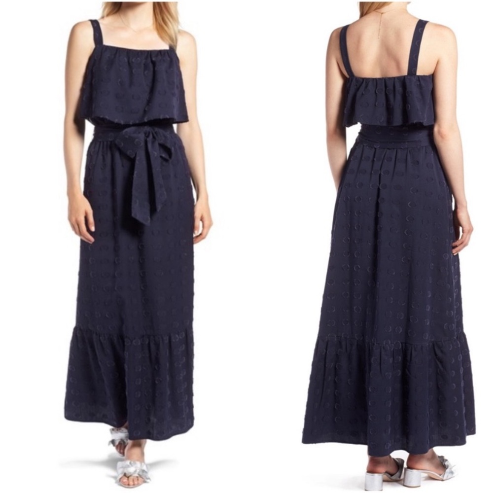 1901 Ruffle Navy Polka Dot Textured Maxi Dress